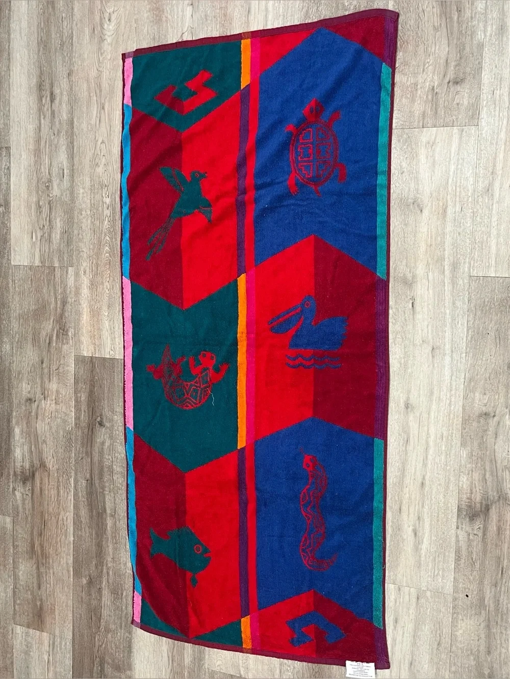 VTG Royal Terry Red Beach Towel Gecko Turtle Aztec Cotton 58x16
